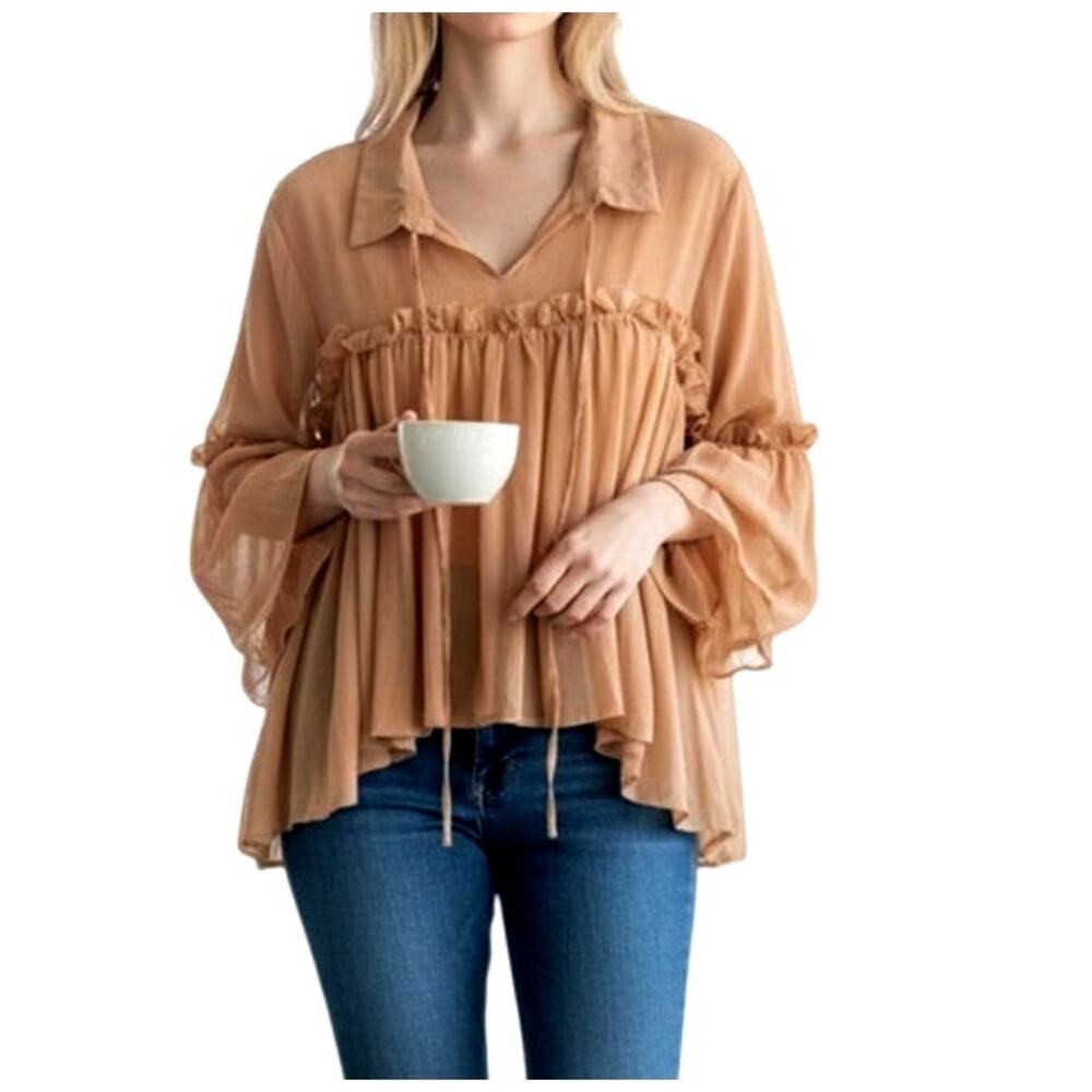 Ellie & Kate Women's Small Light Pink Sheer Long Sleeve Tasseled Collar Blouse
